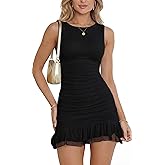 YMDUCH Women's Sexy Crew Neck Sleeveless Mesh Ruched Bodycon Ruffle Hem Mini Party Dress
