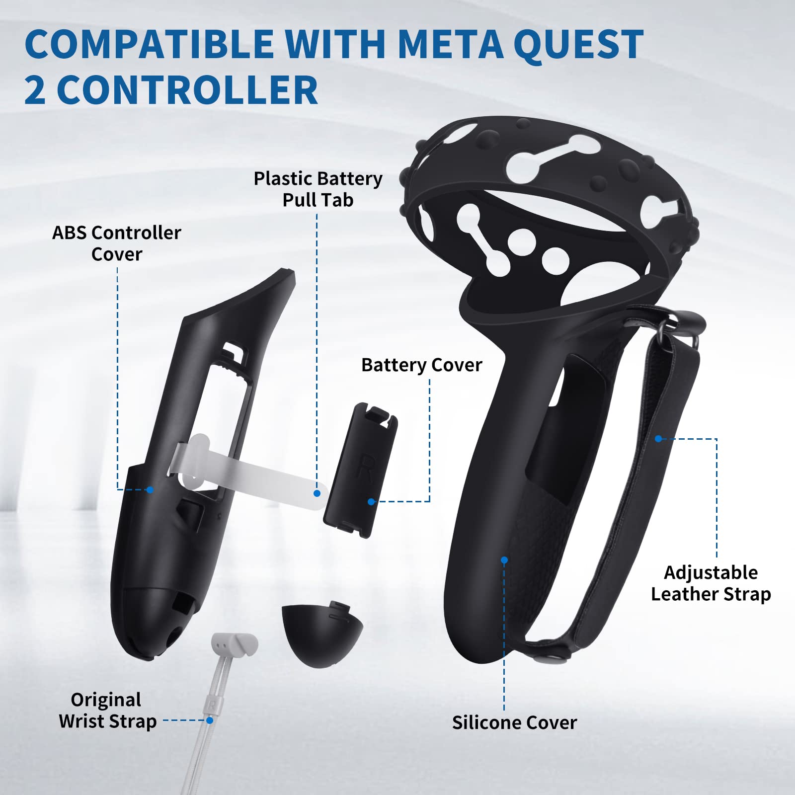 Controller Grips Cover for Oculus Quest 2,Anti-Throw Strap with Battery Opening,Extended Controller Grips Covers Suitable for Large Hands(Black)