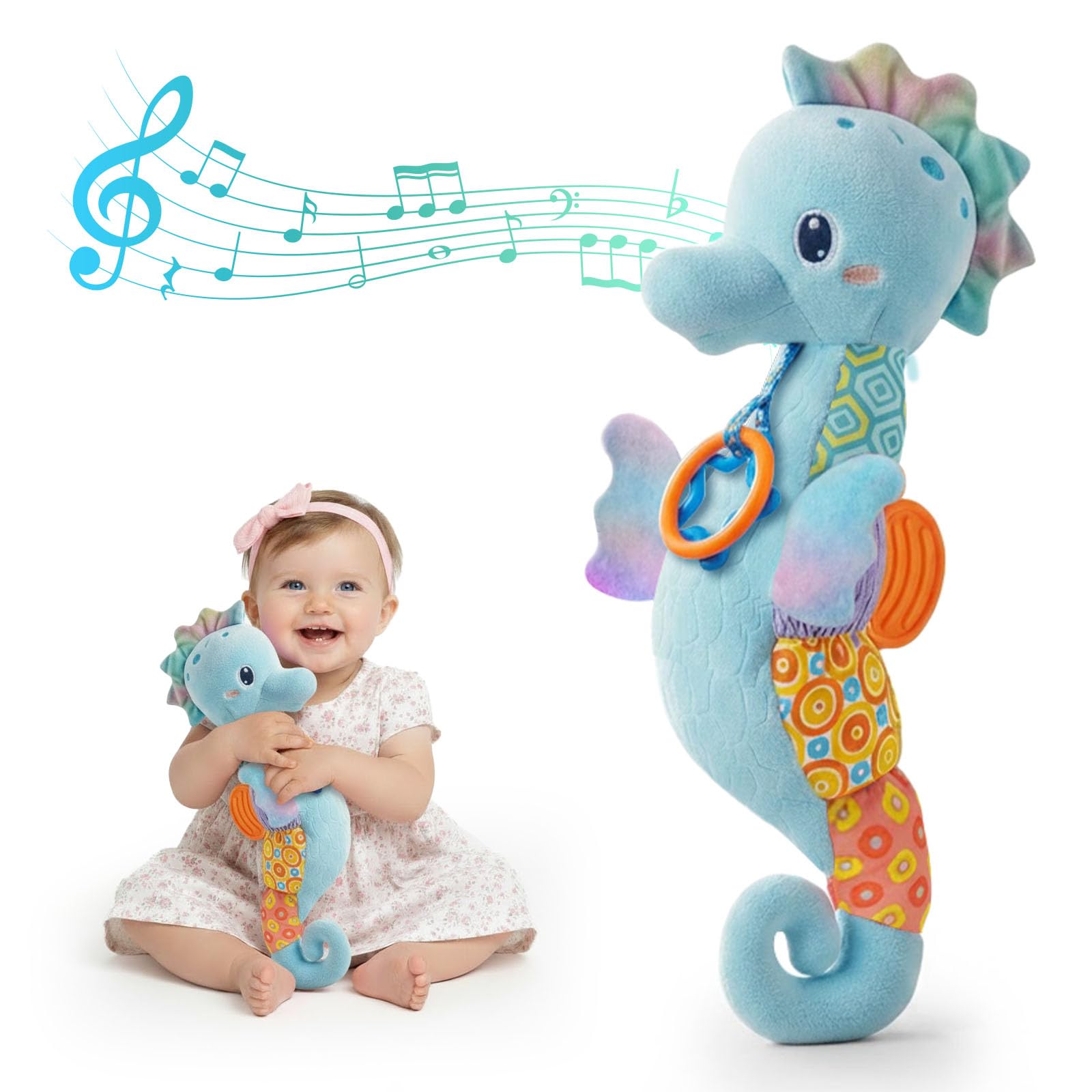 Photo 1 of Baby Toys 0-6 Months,Infant Musical Seahorse Stuffed Animals Sensory Toys with Bright Colors,Multiple Textures,Rattles & Crinkle Sound Paper,Soft Tummy Time Toy for Newborn Boys Girls 0-12 Months-Blue