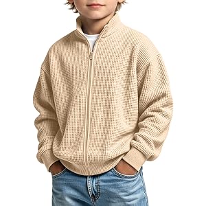 bawilom Boys Waffle Knit Zip Up Sweatshirt Casual Jacket Coat | Boys Waffle Knit Zip Up Sweatshirt With Stand Collar, Long Sl