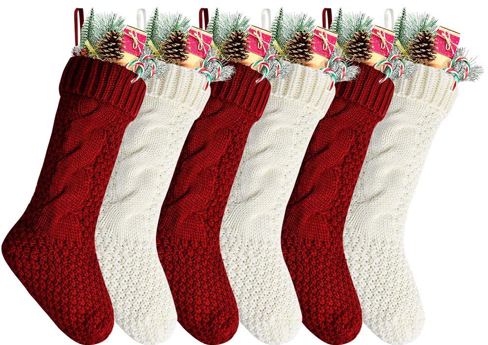 Goege Bailey Pack 6,18" Unique Burgundy and Ivory White Knit Christmas Stockings