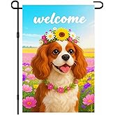 IVN Cavalier King Charles Spaniel Dog Spring Garden Flag 12x18 Inch Cavalier Cav Puppy Flower Crown Sunflower Daisy Pink Wildflowers Floral Double Sided Vertical Small Yard Flag Seasonal Outdoor Decoration for Outside Home Front Door Lawn Porch Patio Welcome Spring Summer Decor