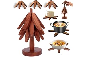 GENERIC Wood Natural Tree Trivet Set, Christmas Tree Shape Trivets for Hot Dishes, 3-Piece Wooden Set with Stand for Pots, Bowls, Teapots (Dark Brown)