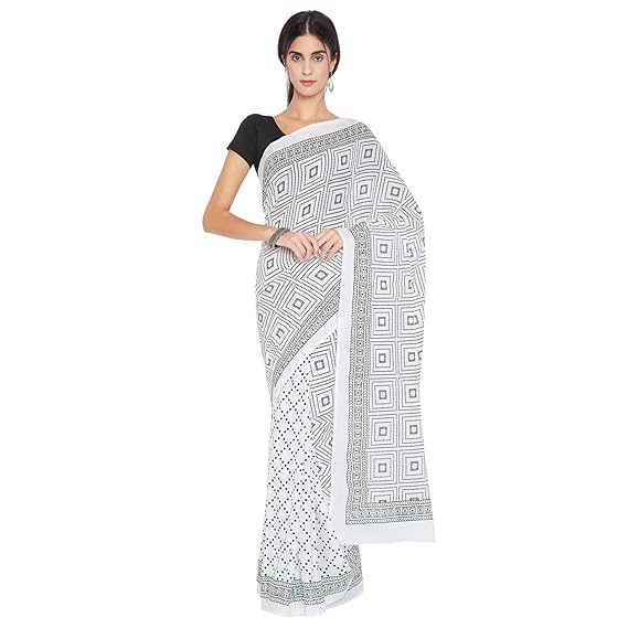 Finest Quality Cotton - Handmade Black and White - Minimalistic block print Saree with Blouse Piece RDSNSA0141