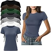 Xaatren 7 Pack Women's Fitted Basic T-Shirts Bulk Crewneck Tight Short Sleeve Tee Multipack Slim Summer Casual Tops
