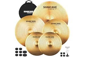 SONICAKE Low Volume Cymbal Pack Quiet Cymbal Set 14"Hi-hats+16"Crash+18"Crash+20"Ride 5 Pcs Mute Drum Cymbal Set with Bag and Felts for Practice, Golden