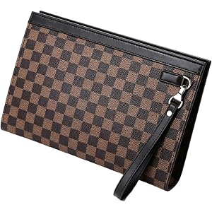 Men’s Vintage Plaid Leather Clutch Bag, Business Casual Handheld Purse Zipper Wrist Wallet Gentleman Travel Hand Bag