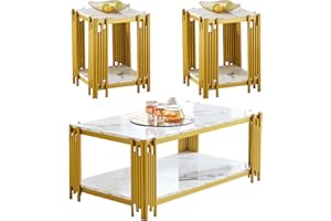 KUVADAZ White Marble Coffee Table Set of 3, Faux Marble Coffee Table and 2 White Gold End Tables with Chrome Metal I-Base, Luxury Marble 3 Piece Living Room Table Set for Home Office Bedroom