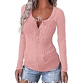 APOFER Women's Long Sleeve Tunics Lightweight Ribbed Knit Blouse Scoop Neck Tops Snap Button Slim Fit Casual Henley Shirt