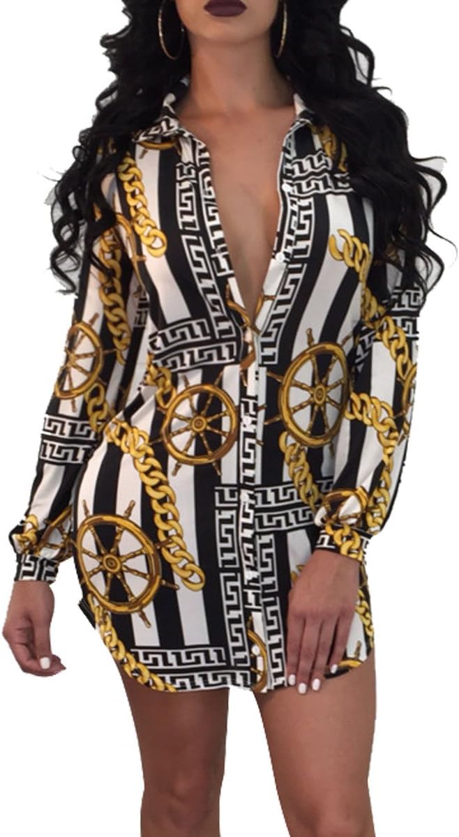 Womens Long Sleeve Button Down Shirt Mini Dresses Digital Graffiti Print Club Party Dress