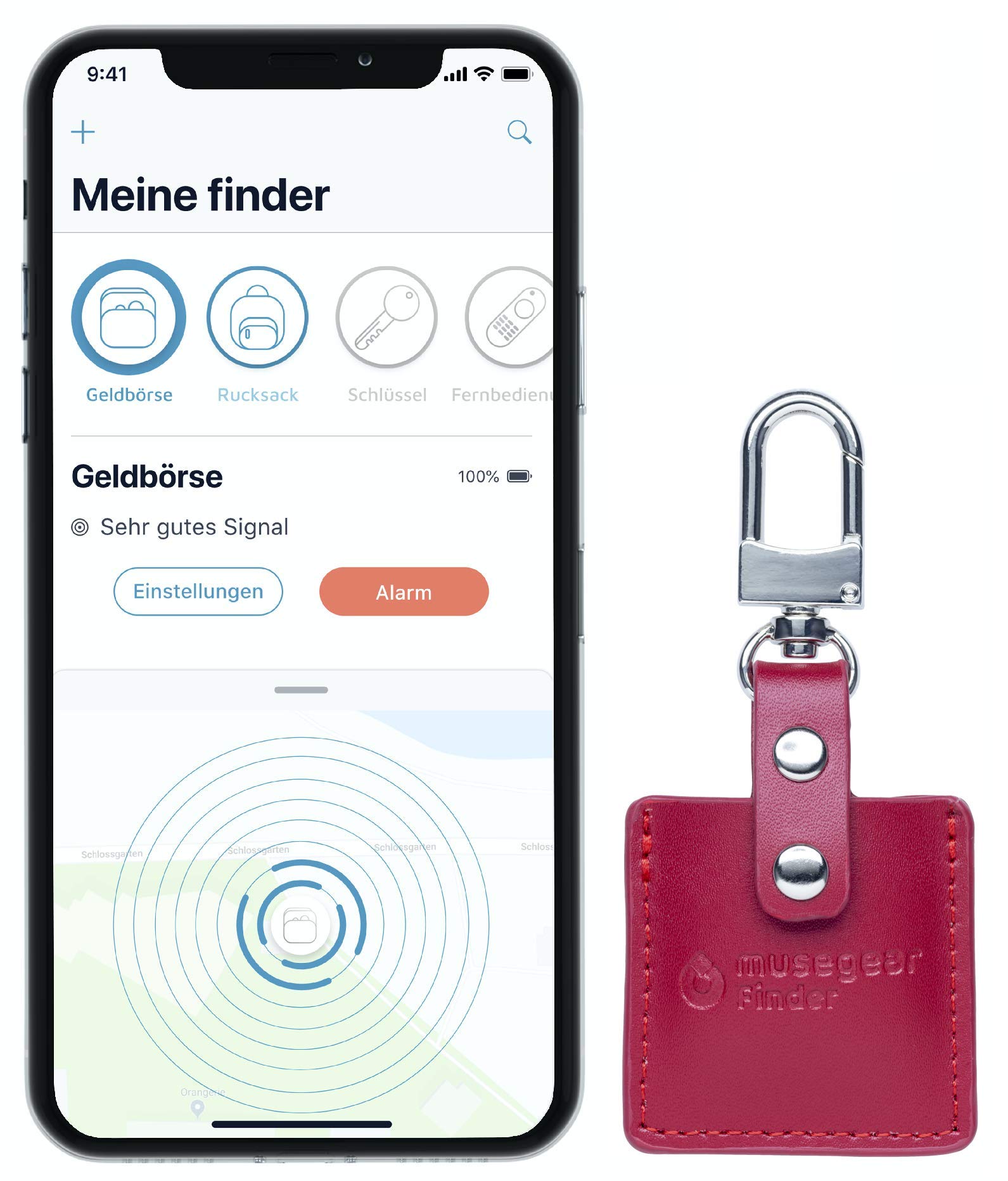musegear app key finder in leather sleeve - bordeaux, NEW VERSION 2-3x louder - find keys, smartphone - Smartphone Bluetooth GPS coupling