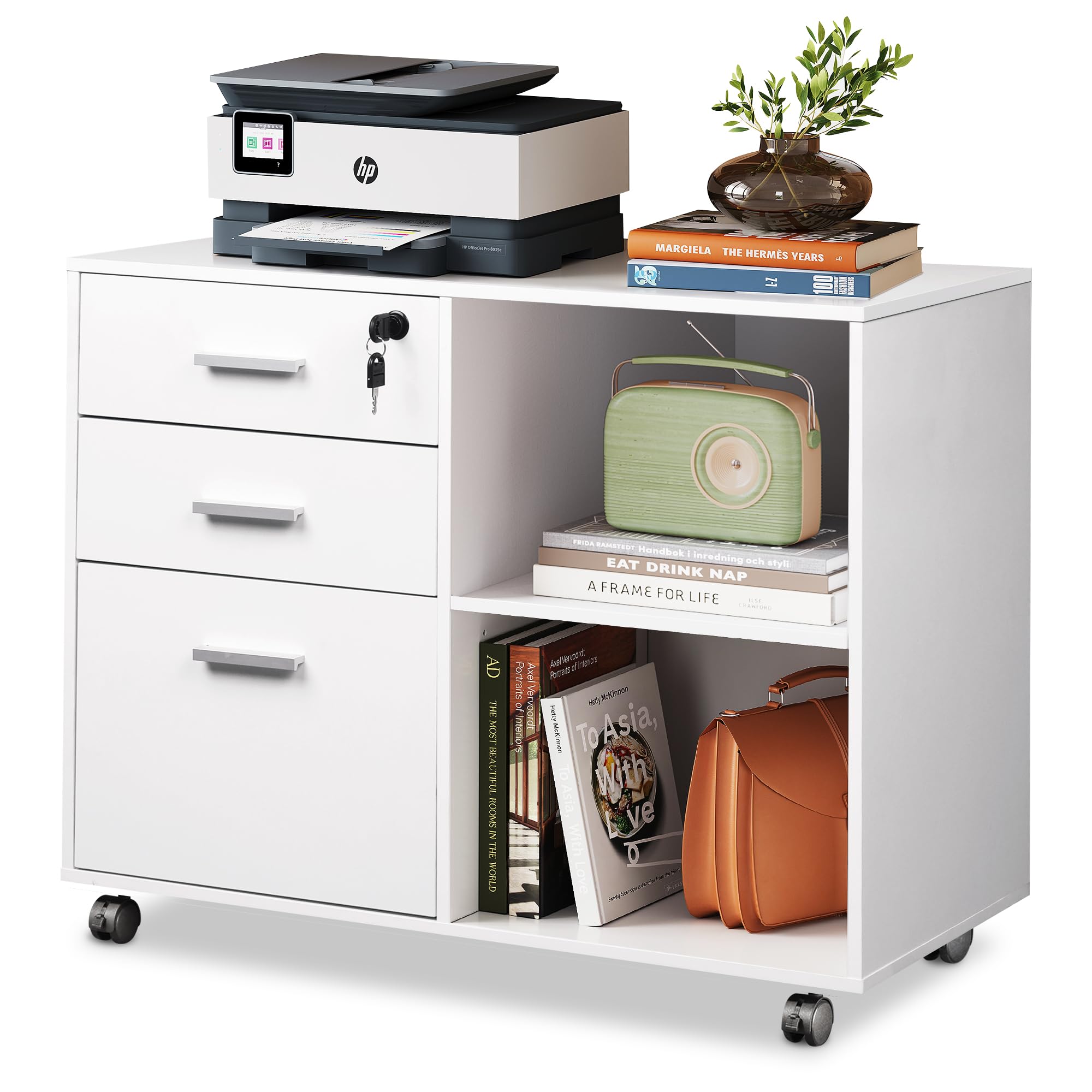 Photo 1 of DEVAISE 3-Drawer Wood File Cabinet with Lock, Mobile Lateral Filing Cabinet, Printer Stand with Open Storage Shelves for Home Office, White