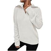 OYOANGLE Women's Long Sleeve Quarter Zip Pullover Sweater Casual Loose Drop Shoulder V Neck Collared Knit Jumper Tops