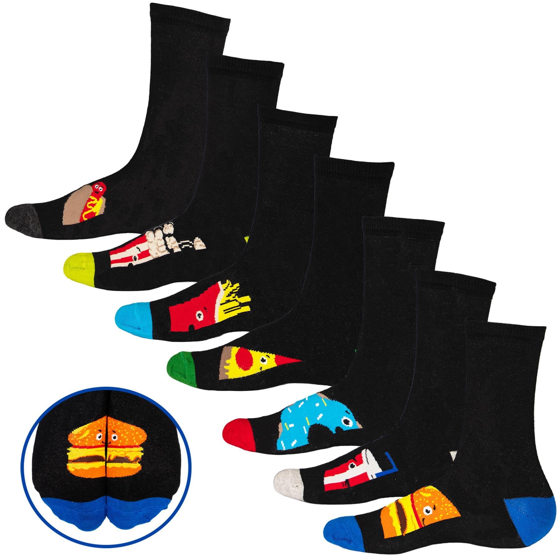 Soxy 7 Pack Mens Novelty Fast Food Design Socks Shoe Cotton Rich Dad Gift , UK 6-11 (EU 39-45), 7 Pack Fast Food Socks