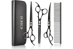 CIICII Dog Grooming Scissors Kit, 7 Inch Professional Pet Grooming Scissors Set (Dog/Cat Hair Thinning Trimming Cutting Shears) with Curved Scissors for DIY Home Salon (Heavy Duty-Black-9Pcs)