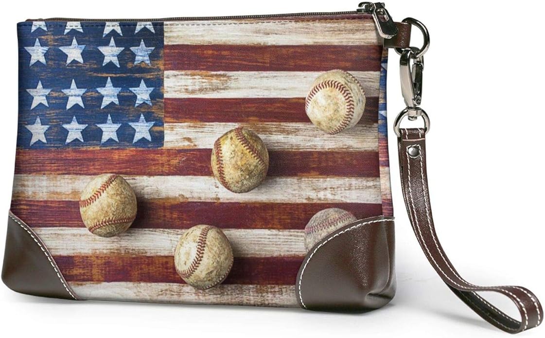 American Flag And Baseball Printed Clutch Purse Detachable Leather