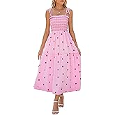 ABYOVRT Women Floral Embroidered Maxi Dress Sleeveless Tie Shoulder Smocked Flowy Dress Boho Summer Sundresses with Pockets