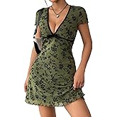 Milumia Women's Summer Floral Print Mesh Short Sleeve Mini Dress Bow V Neck A Line Boho Short Dresses