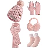 UMIPUBO Winter Beanie Hats Scarf Touch Screen Gloves Fuzzy Socks Ear Muffs 5pcs Set for Women Winter Ski Outing Set