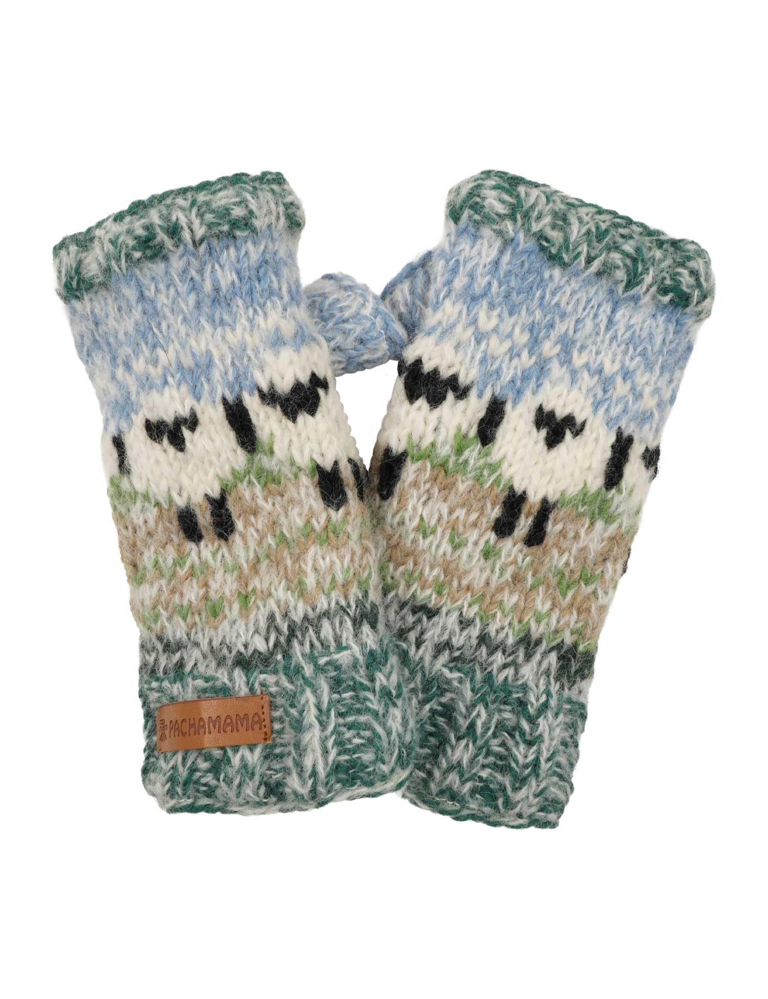 Pachamama Women Soft Wool Mohair Hand Wrist Warmers Sherpa Fleece Lined Handknitted Sheep Design Multicoloured One-Size Handmade Thumbhole Thermal Extra Warm Fair Trade
