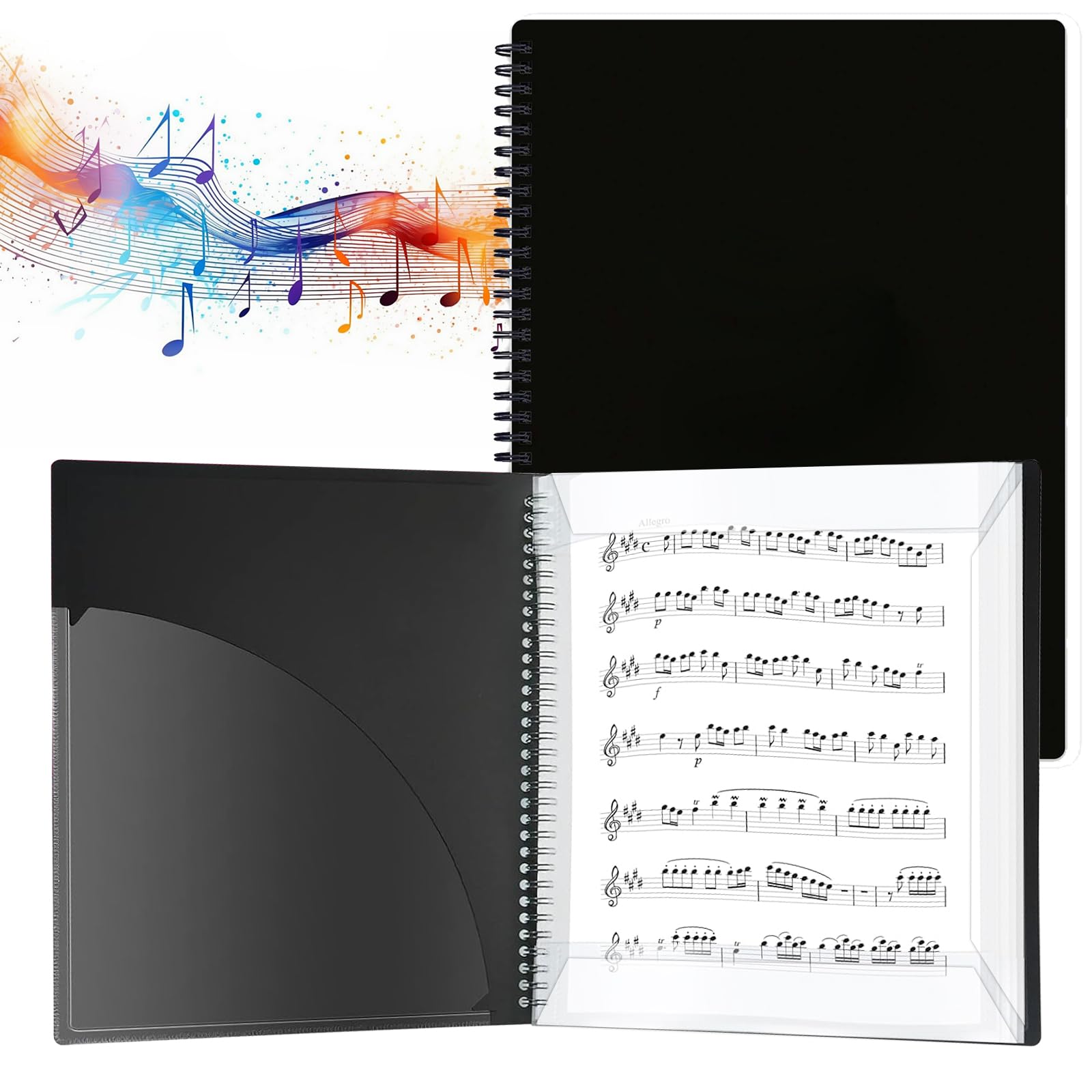 A4 Sheet Music Organizer, Simple Spiral Folder 30 Pockets for Sheet Music, Drawings and Documents, Easy Editing (Black)