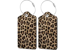 Ginfult Leather Luggage Tags for Suitcase Retro Animal Leopard Print 2 Pack Travel Name Tags with Stainless Steel Loop, Priva