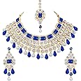 Aheli Kundan and Simulated Colored Stones Indian Ethnic Maang Tikka Necklace and Earrings Set Bollywood Festive Statement Jewelry Gift for Women