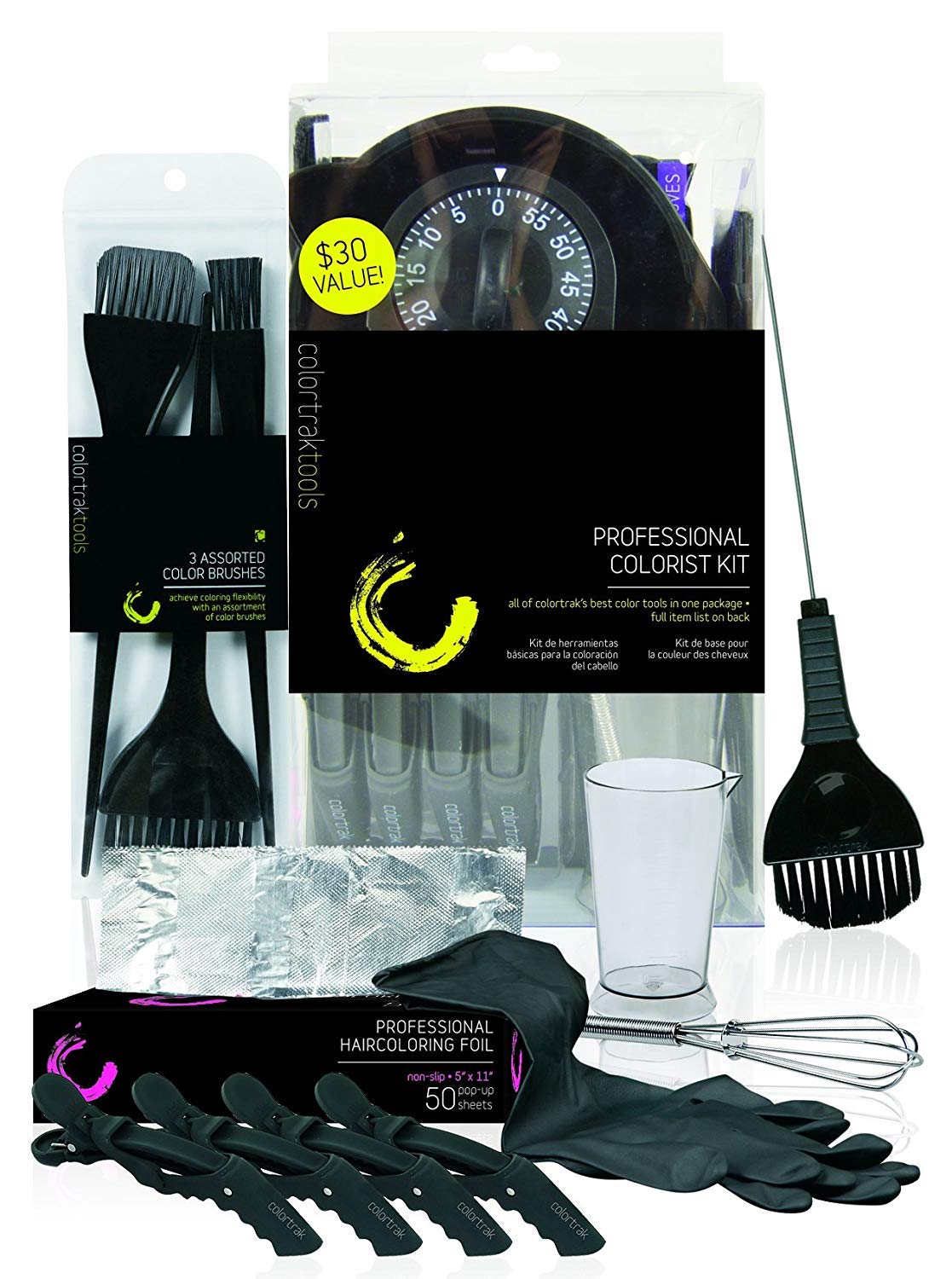 Colortrak Professional Hair Colorist Kit, 4-Pack Croc Clips, Color Beaker, Whisk, Duo Brush, 3-Pack of Brushes, Black Reusable Medium Gloves, Color Bowl, 50-Count Popup Hair Coloring Foil, Storage Box : Beauty