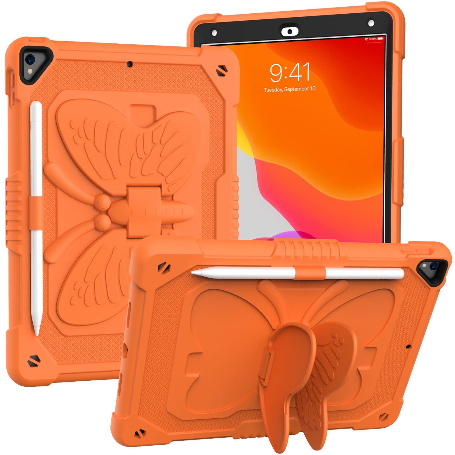 iPad 10.2 Inch 2021/2020/2019 Case with Shoulder Strap, Heavy Duty Shockproof Protective Case with Butterfly Mount for 9th/8th/7th Gen (Orange)