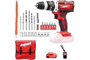 DOGTOOTH 21V MAX Cordless Drill, 1* Battery and Charger, 2 Variable Speed Max 1350 RPM, Build-in LED, 23 Bits, Storage Bag - Red