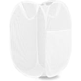 LXLOVESM Pop Up Laundry Hamper, Mesh Laundry Basket Collapsible, Foldable Hamper for Travel and Storage (White)