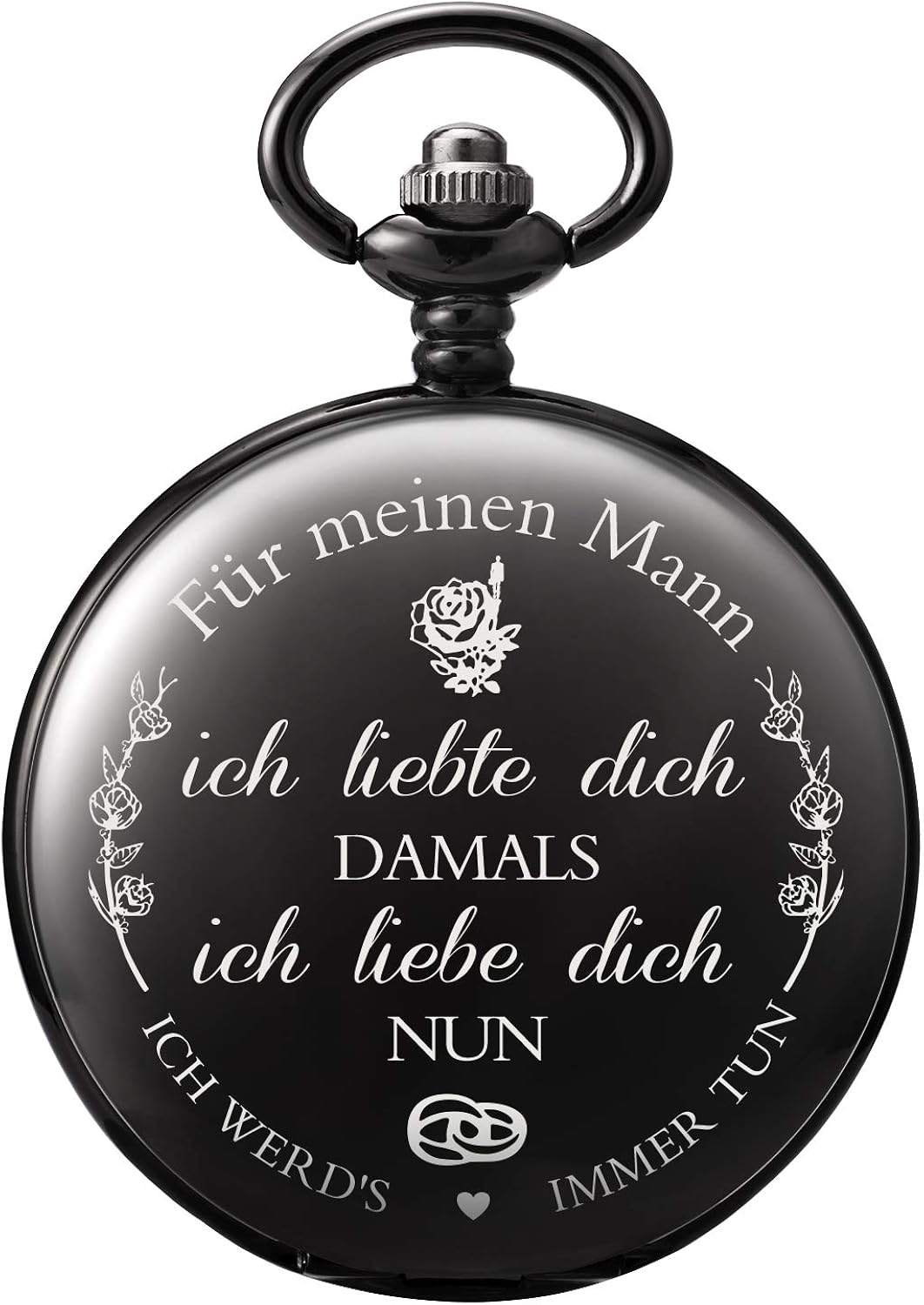 TREEWETO Pocket Watch with Engraving Chain Men's Black Gift for Birthday Wedding Anniversary Husband