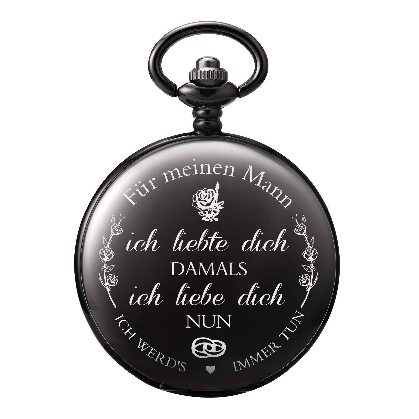 TREEWETO Pocket Watch with Engraving Chain Men's Black Gift for Birthday Wedding Anniversary Husband