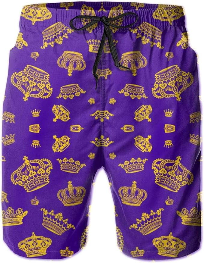 HPOPLACE Men's Swim Trunks Royal Crowns On Purple Quick Dry Beach Short