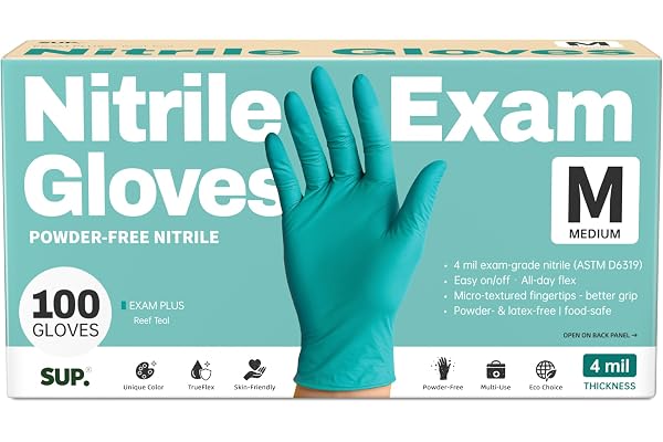 SUP Powder-Free Nitrile Exam Gloves, 100 Count Food Safe Latex-Free Disposable Gloves for Medical Lab Cooking Cleaning, Teal
