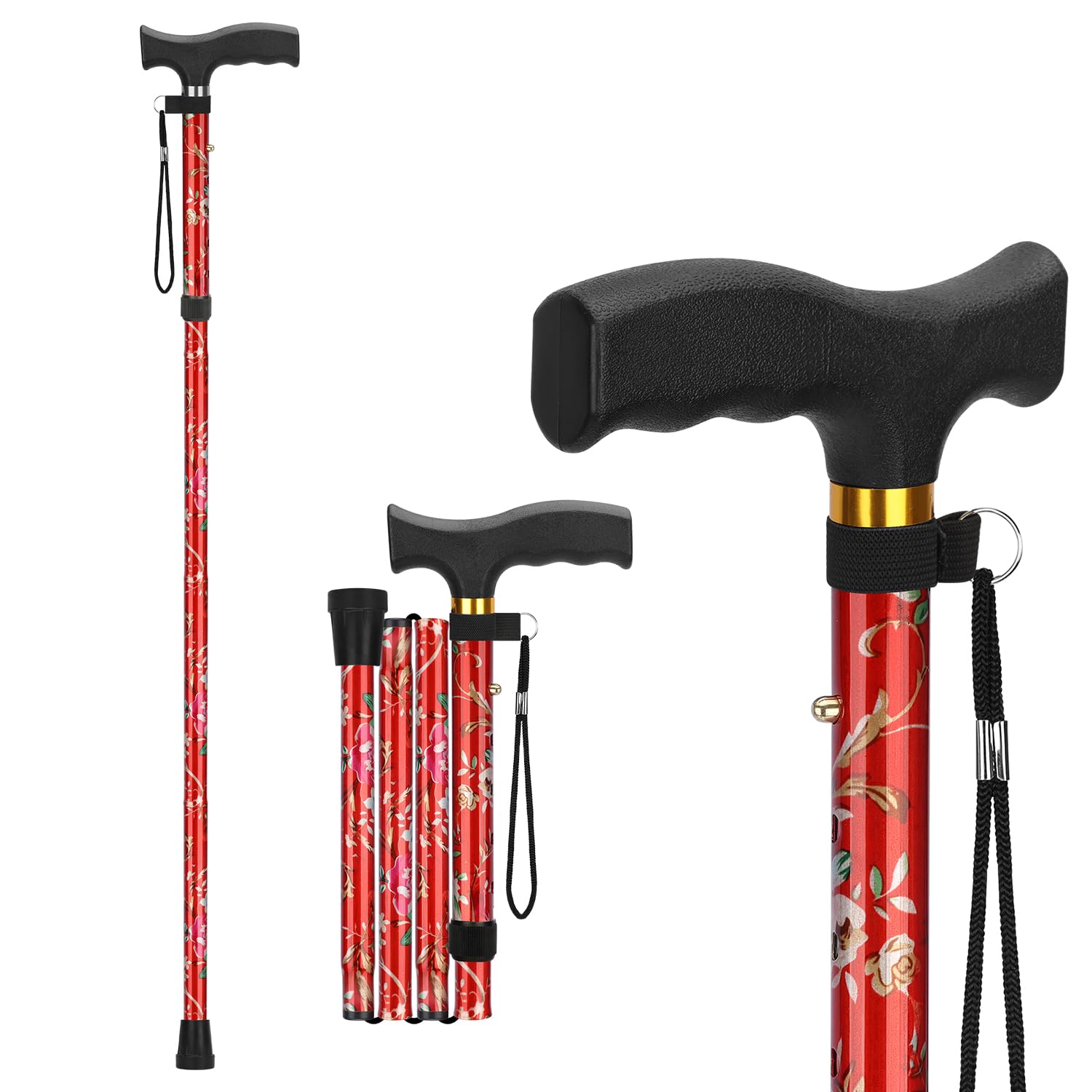 supregear Walking Stick for Women and Men, Collapsible, Lightweight, Sleek, Foldable Folding Walking Cane and Sticks for Seniors & Adults with Comfortable T-Handle, Floral Red