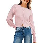 Saodimallsu Womens Cropped Cardigan Sweaters Crew Neck Button Down Long Puff Sleeve Loose Knit Fall Trendy Sweater Tops
