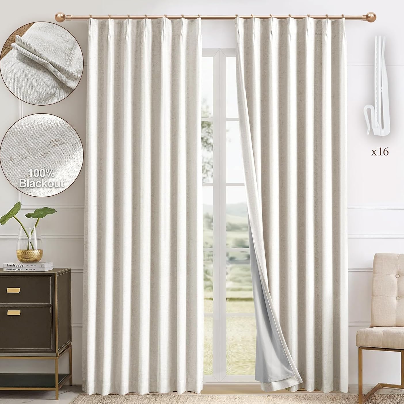 Photo 1 of IVAPUPU Natural Thick Linen Blend Pinch Pleated Full Blackout Curtains for Bedroom - Black Out Curtains 95 Inch 2 Panels for Living Room Darkening Thermal Insulated Window Curtain Drapes with Hooks