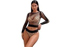 ohmydear Women Sexy Mesh Lingerie Fishnet Tops Bodysuit Plus Size Shirts Long Sleeve Two Piece Outfits