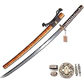 MURASAME 41" Katana Sword Clay Tempered Damascus Folded Steel Real Hamon Brass Tsuba Very Sharp