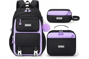 Fimibuke Backpack for Girls, 3 PCS Waterproof School Backpack with Lunch Box & Pencil Pouch for Kid Teen Girl, Cute Bookbag School Bag for Elementary Middle High School Student Ages 6+(Black & Purple)