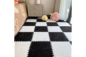 BXEBUI 12pcs Carpet Squares Puzzle Floor Mat, Plush Interlocking Carpet Tiles, Anti Slip EVA Foam Jigsaw Floor Tiles, Build A Safe Area for Bedroom Playroom (White+Black)