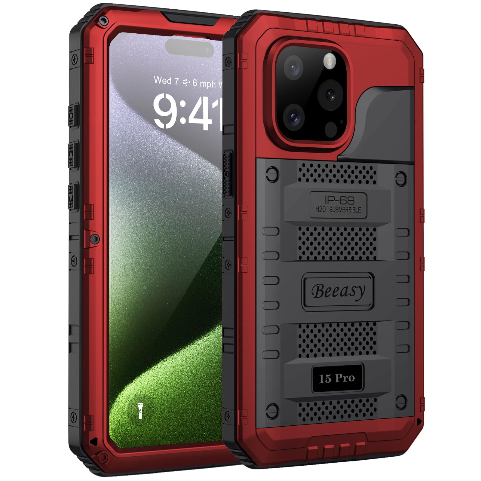 Beeasy for iPhone 15 Pro Case Waterproof Heavy Duty Tough Metal Armour Cover Shockproof Dustproof Built-in Screen Protector, Robust Full Body Military Protective Rugged Case for iPhone 15 Pro, Red