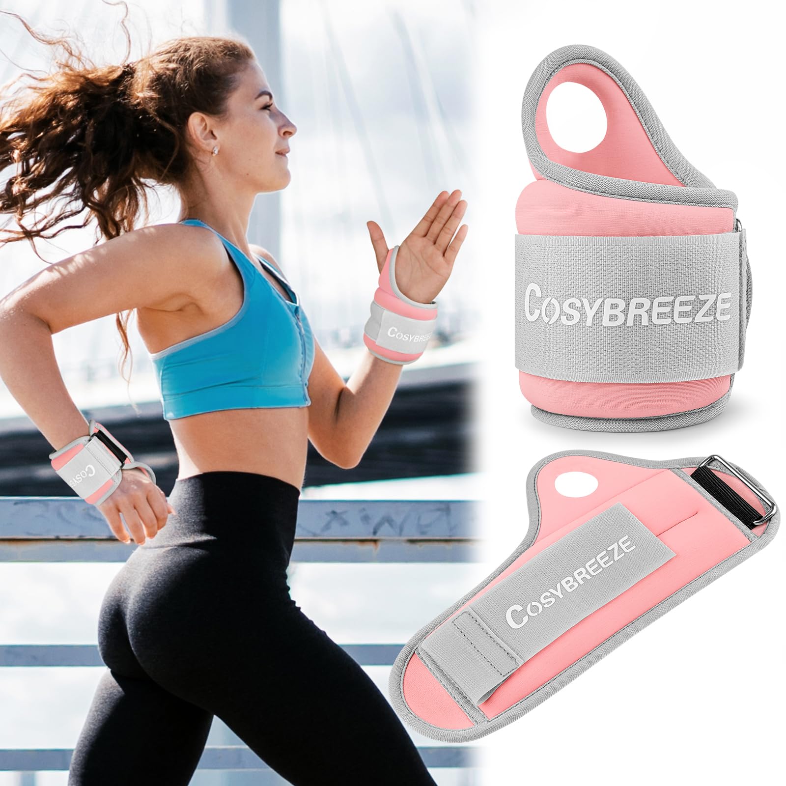 Cosybreeze Wrist Weights with Thumb Loops Lock for Women Men 1 Pair 2 kg Arm Weight Ankle Weights Weighted Gloves for Running Walking, Pink