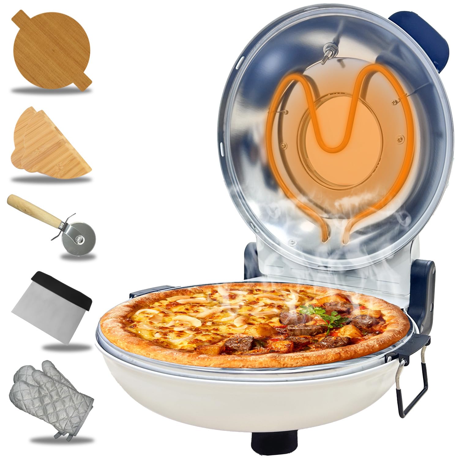 Photo 1 of ECUMFFY Pizza Oven Indoor, 12 Inch Retro Pizza Maker, Rapid Heating 800?F, 1200W Glazed Ceramic Stone Electric Pizza Cooker, Two-button Precise Temperature Control, Viewing Window for Precise Cooking