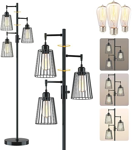 70-inch Black Tree Floor Lamp With 3 Crystal Cage Shades & Dimmable Bulbs - Vintage Glam Standing Lamp For Living Room Or Bedroom