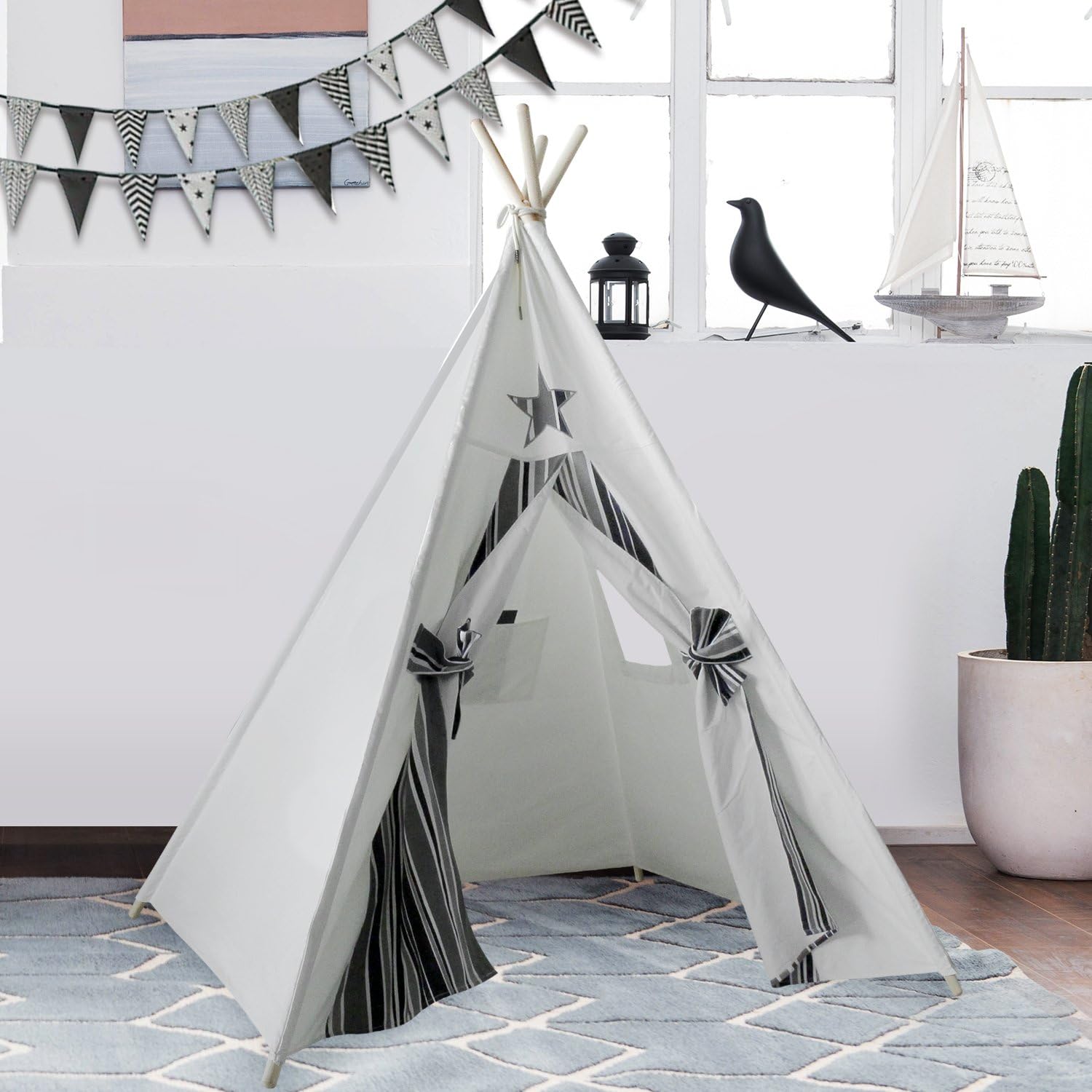UKadou TeePee Tent for Children By Indian Play Tent for Kids with Four Wood Poles Durable 100% Cotton Canvas Fabric Grey Stripe Tipi Wigwam Gift for Kids Boys Girls Indoor Playhouse