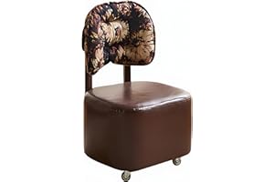 Vintage-Style Rolling Vanity Chair with Floral Backrest, Upholstered Brown Seat & 360° Caster Wheels – Compact Classic Chair 