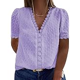 Eytino Womens Plus Size Tops Casual Summer Short Sleeve V Neck Lace Crochet Chiffon Blouses Shirts(1X-5X)