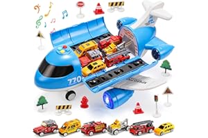 Toy Airplane with Smoke, Lights & Sounds, Friction Powered Plane Toy with Mini Cars for Kids, Great Christ Gift for Boys and 